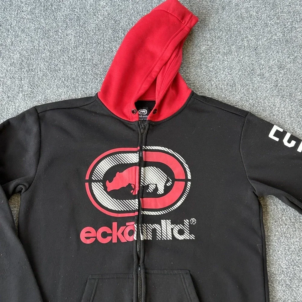 Ecko Unltd Hoodie Mens Large Red Rhino Logo Full Zip Sweatshirt‎ Fleece Hip Hop